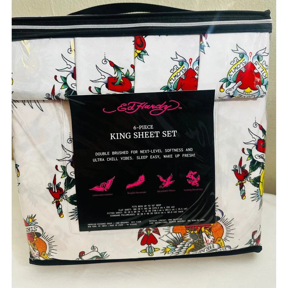 Ed Hardy King Sheet Set 6 Pc Tattoo Eagle Heart Rose New Y2K Revival Home Decor